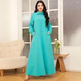 Ethnic Clothing Elegant Style Lapel Solid Color Pocket Buttons Applique Shirt Sleeve Long Dresses