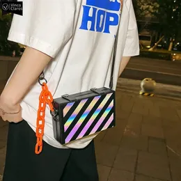 Kvällspåsar vc färgglada reflekterande låda väska hiphop streetwear män s hårda skal trend män liten crossbody sling axel unisex 231218