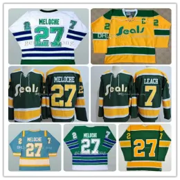 Retro full sömnad mäns 1970 -tal Kalifornien Golden Seals Blue Green Yellow White Gilles Meloche 27 Reggie Leach 7 billigaste hockeytröja