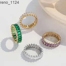 High end colorido rosa verde roxo baguette feminino cz jóias 18k banhado a ouro aço inoxidável pavimentar zircônia cúbica anel