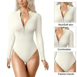 Women's Jumpsuits Rompers Half-zip Ribbed Knit Bodysuit Autumn Rompers Women Jumpsuits Zipper Long Sleeve Sexy Sheath Skinny Playsuits Yoga set 231216