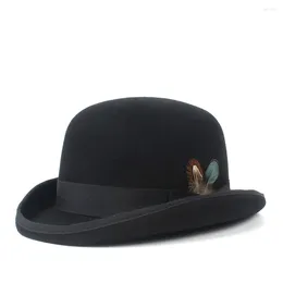 Beralar 4 boyutlu Yün Kadın Erkekler Siyah Bowler Hat Gentleman Ezilebilir Fedora Baba Billlycock Damat şapkaları Steampunk Boyutu S M XXL