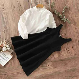 Vestidos da menina crianças roupas para adolescente uniforme escolar meninas vestidos preppy outono camisa vestido preto 2pcs crianças trajes 8 10 12 13 anos