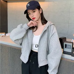 Women's Hoodies With Hat Women 3 Colors Solid Simple Cropped Zip-up Stylish Vintage Streetwear Leisure Est Clothing Ulzzang