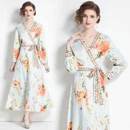 Vestido estampado de Boutique para mujer, vestido largo de primavera y otoño 2024, vestidos florales de alta gama a la moda con cuello en V para mujer, vestidos de fiesta y pasarela