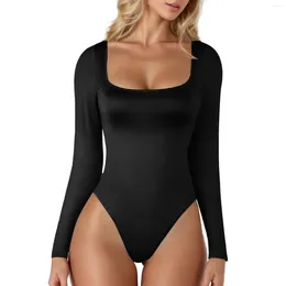 Women's Shapers Sexy Square Neck Bodysuits For Women Long Sleeve Body Spring Bodycon Sheath Basic Overalls High Cut Thong Bodysuit Tops