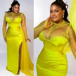 Bright Yellow Evening Dresses Elegant Mermaid Sheer Neck Long Sleeves Beaded Promdress Sexy Side Split Birthday Party Prom Gown for Black Women Engagement NL037