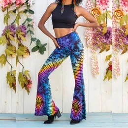 Damenhose, volles Bein, Tie-Dye, lange Bohowide-Hose, lässig, bedruckt, hohe Taille, ausgestellte weibliche Pantalones mit Glockenboden