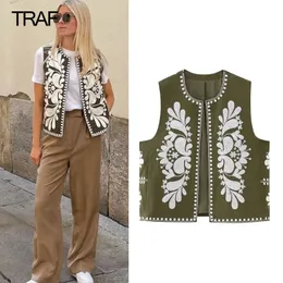 Kvinnors västar traf 2023 Kvinna broderad västens kostym Vest Summer Cardigan ärmlösa Top Floral Female Jackets Coat 231218