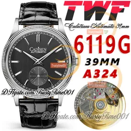 TWF Calatrava 6119G A324 Relógio Masculino Automático 39mm Moldura Canelada Preto Dial Stick Marcadores Caixa de Aço Inoxidável Pulseira de Couro Super Edition trustytime001Watches