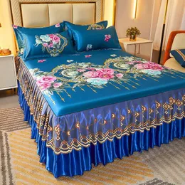 Bedspread 2/3 szt. Pościel Klasyczny koronkowy królewski niebieski łóżko spódnica z prasą z elastycznym opaską do Królowej Króla Skuteczne łóżko 231218