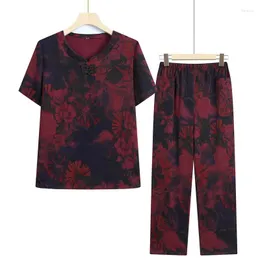 Women's Two Piece Pants Women Outfit Top Short Sleeve T-shirt Floral Print Loose Loungewear Home Women's Clothing