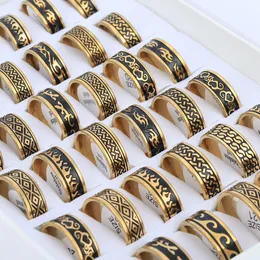 Band Rings Wholesale 20 Pcs/Lot Golden Corrosion Carving Stainless Steel Rings For Men Women Mix Style Vintage Jewelry 231218