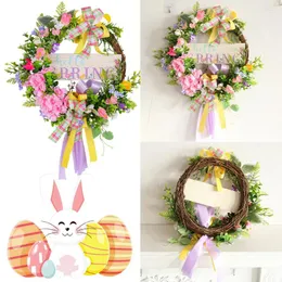 Decorative Flowers Easter Wreath With Bow 35x40cm Colorful Ribbon Bouquet Garland Artificial Small Lavender For Front Door Wall Decor