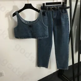 Denim Weste Überrock Hosen Kleider Frauen Dreieck Klassische Gürtel Hohe Taille Jeans Lose Denim Camisole Hosen 2 Stück Set