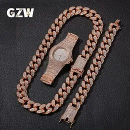 New Fashion Personalized 20mm Gold Blingbling Mens Cuban Link Chain Necklace Bracelet Watch Set Hip Hop Rapper Jewelry Gifts for M285e