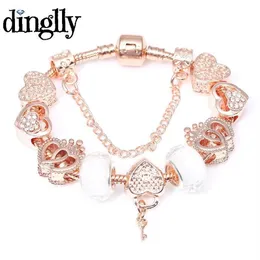 DINGLLY New Rose Gold United Hearts Charm Bracelet For Women Heart Shape Lock Beads Fashion Brands Bracelet Bangles Femme Gifts296Q