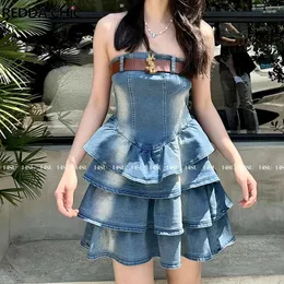 Casual Dresses Reddachic Summer Women One-Piece Dress Detechable Belt Corset Top Bleached Blue Denim Ruffle Prom Party Vintage Y2K