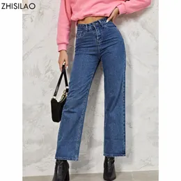 Jeans Zhisilao-pantalones vaqueros rectos para mujer, Vaqueros Vintage azul holgado lavados de cintura alta, pantalones vaqueros de pierna ancha 2021