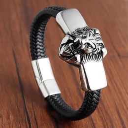 Lion Leather Rope Men Bracelet Stainless Steel Magnetic-clasp Cowhide Braided Multi Layer Wrap Trendy Armband pulsera hombre242b