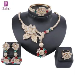 African Jewelry Charm Crystal Necklace Earrings Dubai Gold Jewelry Sets for Women Wedding Bridal Bracelet Ring Jewellry Set182P