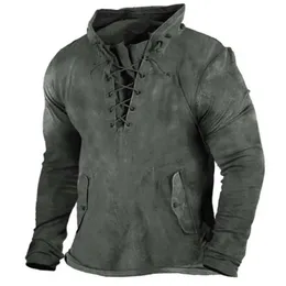 Tactical Jackets Men's Outdoor Tactical Long-sleeved T-shirt Retro Lace-up Hooded Cool Top Plus Size Solid Color Hiking Fishing Casual Hoodie ManL2031218