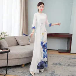 Ethnic Clothing 2023 Aodai Cheongsam Elegant Chinese Dress Set Oriental Flower Print Qipao Vietnam Ao Dai Party