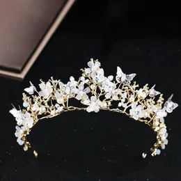 Baroque Vintage Gold Butterfly Crown Flowers Wedding Prom Tiara Headband Pearl Bridal Headpieces Bride Hair Accessories Hairband Y286W