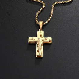 Hip Hop Rock Christian Jesus hollow cross Stainless Steel Gold Necklace Pendant For Men Male Punk Gothic jewelry259a