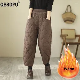 Женские брюки большого размера M-4xl, хлопковые спортивные штаны на пуху, женские винтажные теплые зимние мешковатые эластичные брюки с высокой талией, толстые повседневные шаровары
