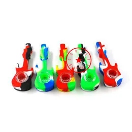 Latest Colorful Silicone Guitar Shape Pipes Glass Nineholes Filter Screen Bowl Portable Innovative Herb Tobacco Cigarette Holder Bong Smoking Handpipes DHL