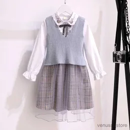 Vestidos de niña Ropa linda para niñas para niños Conjuntos Primavera Otoño Vestido de manga larga Chaleco de punto 2 piezas Ropa para niños Trajes Vestidos