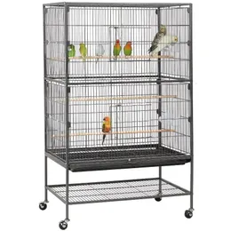 Bird Cages Metal 52 "Stor rullande bur med 3 abborre och 4 matare svarta 231218