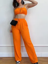 Women's Two Piece Pants Elatic Waist Wide Leg Matching Sets 2023 Women Summer Solid Loungewear Hollow Out Backless Outfit Streetwear Drop