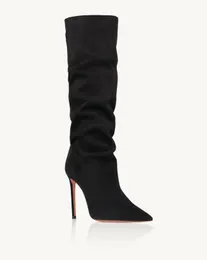 Mulher designer aquazzuras matignon bootie forrado bootie embelezado preto marrom estilo couro camurça jogar meados de bezerro bloco salto estiramento