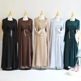 Ethnic Clothing Dubai Open Abaya Muslim Women Beading Kimono Maxi Dress Set 2 Piece Turkey Eid Party Gown Islamic Ramadan Jalabiya Caftan