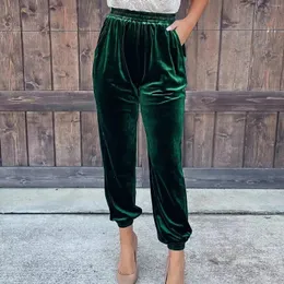 Kadın Pantolon Moda 2023 Kadınlar İçin Zarif Kırmızı Kadife Sonbahar Kış Kış Elastik Yüksek Bel Güzergit Kısa Düz Renk Gevşek Pantolon