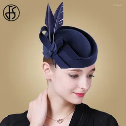 Berets FS Royal Blue Mulheres Feather Hat Fascinator para Casamento Black Wool Fedoras Fedoras Chapéus Elegante Lady Party