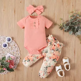 Kleidungssets Sommer Geborenes Baby Mädchen Set Einfarbig Kurzarm Rippenbodys Blumendruck Hosen Säuglingsmode Kleidung Outfit Anzug