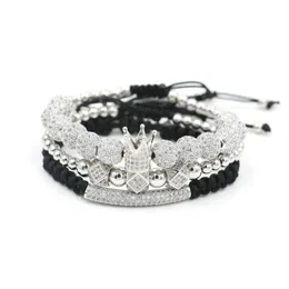 Charm Bracelets 3pcs Set Luxury Crown Bracelet Men Hip Hop Silver Color Micro Pave CZ Ball For Women Couples Pulseira Bileklik307q