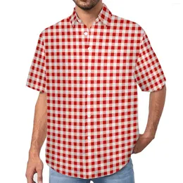 Chemises décontractées pour hommes Chemise vichy rouge et blanche à carreaux imprimé plage lâche hawaï rétro blouses à manches courtes personnalisé haut surdimensionné