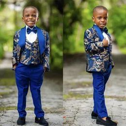 Navy Floral Pattern Boy Suits Dinner Tuxedos Little Kids For Wedding Party Prom Birthday Wear 3 Pieces Jacket Pants Vest