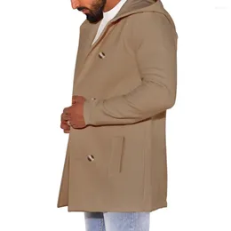 남자 재킷 남자 겨울 코트 이중 가슴 두꺼운 따뜻한 후드 가루 오버 코트 포켓 중간 길이가 가을에 느슨하게