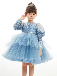 Girl S klänningar 2023 Luxury Girls Mesh Dress Blue Sleeves Elegant Evening Summer Fashionable 3 10 -årig paljett Princess 231218