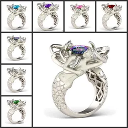 Size 5-10 Mystic Rainbow Topaz Colorful CZ Diamond 925 Sterling Silver Charming Mermaid Band Ring Special Gift Unique Design Fashi195F