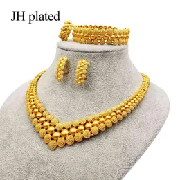 Nigeria Dubai Gold color Charm jewelry sets African bridal wedding gifts party for women Bracelet Necklace earrings ring set colla2914