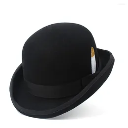 Berets 4Size Wool Women's Men's Black Bowler Hat Gentleman Crushable Dad Billycock Groom Hats With Fashion Leather