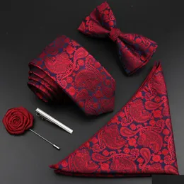 Krawaty szyi krawaty solidne kolory jedwabny Zestaw Poliester Jacquard tkany krawat Bowtie Suit vintage czerwony niebieski dla branży pana młodego Wedd Dhpr1