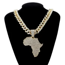 Collier pendentif carte de l'afrique en cristal pour femmes et hommes, accessoires Hip Hop, bijoux, ras du cou, chaîne à maillons cubains, cadeau 309l