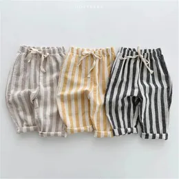 Pantaloni Pantaloni a righe in cotone e lino vintage per ragazzi Design tascabile casual Elastici in vita Abbigliamento per bambina per bambini 231218